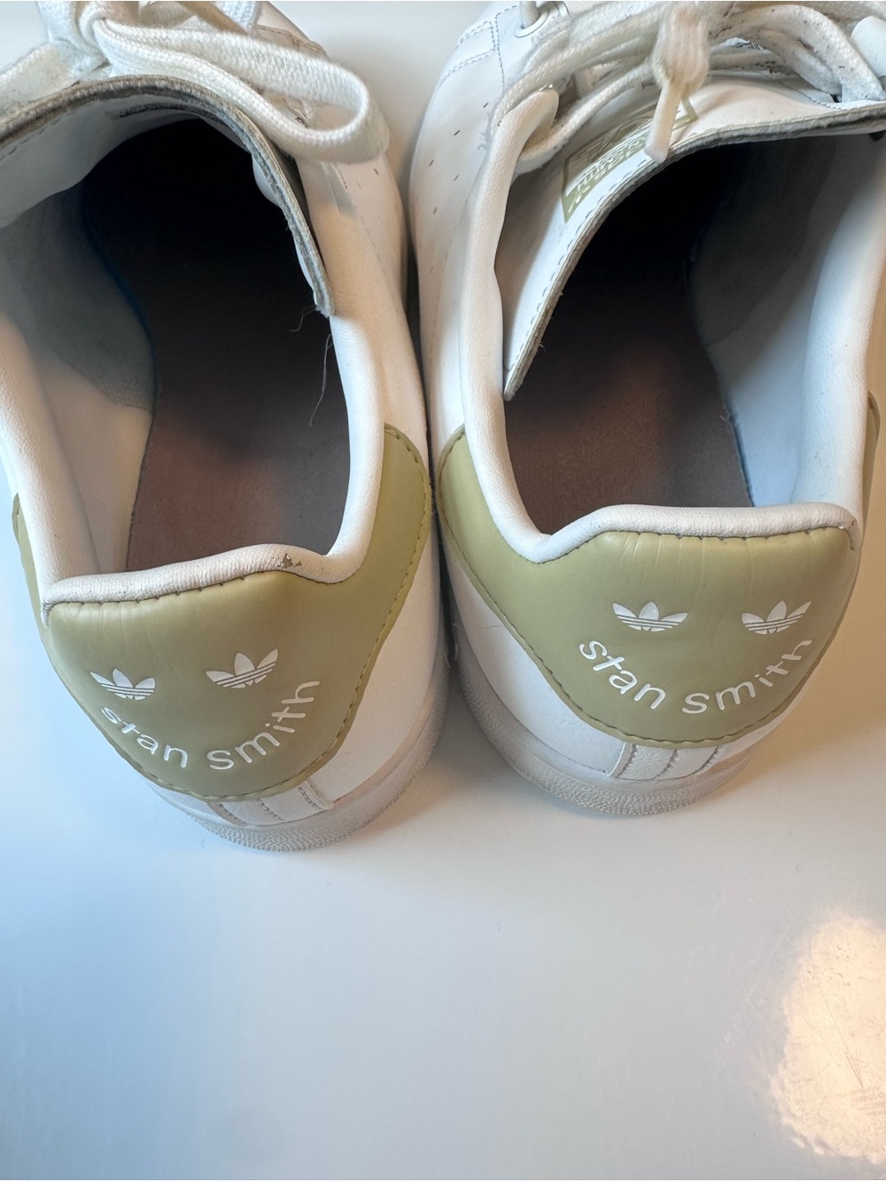 Adidas Stan Smith Leather Sneaker in White with Light Olive Heel